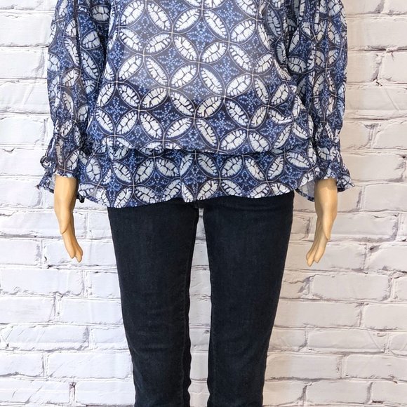 NWOT eShakti blue and white print sheer top - Picture 7 of 15
